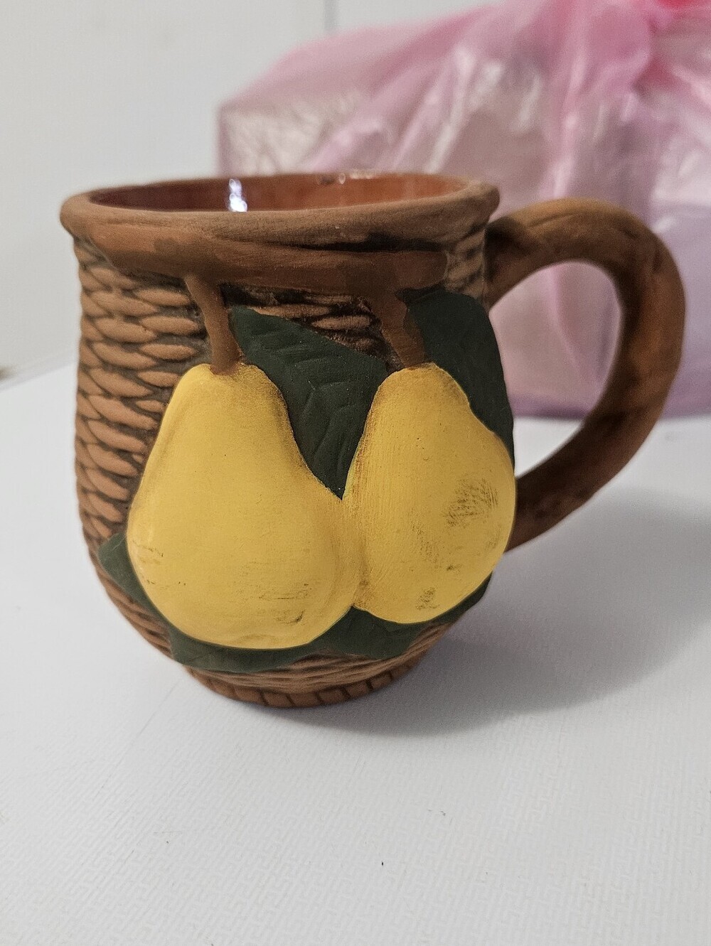 Vintage Terracotta Pottery Embossed Hand Painted Pear Mug 12 Ounce!
